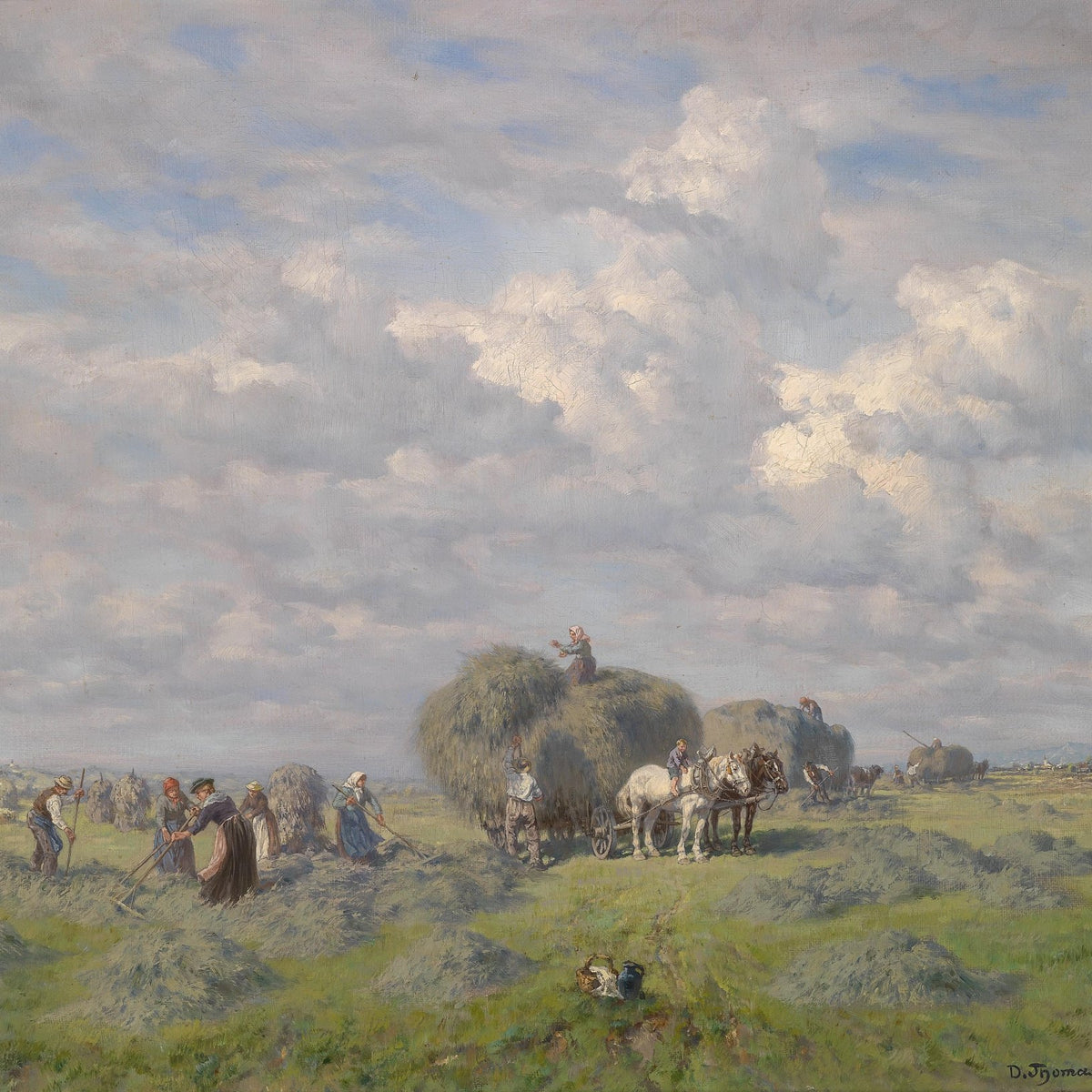 Landscape Oil Painting - Hay Harvest in Field: Farmers & Cloudy Sky - Oil Painting Haven