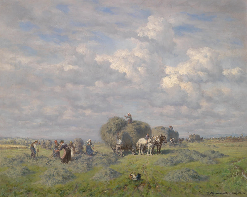Landscape Oil Painting - Hay Harvest in Field: Farmers & Cloudy Sky - Oil Painting Haven