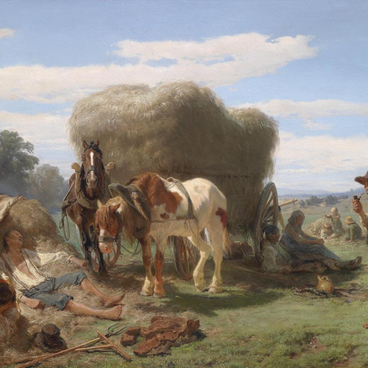 Landscape Oil Painting - Hay Wagon & Farm Workers: Pastoral Rest Scene - Oil Painting Haven