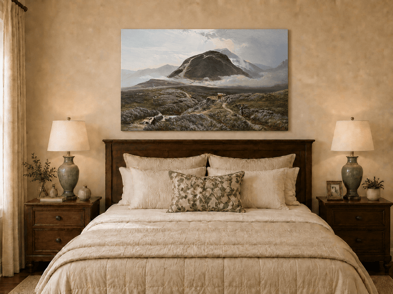 Landscape Oil Painting - Heather-covered moor & herder, cattle