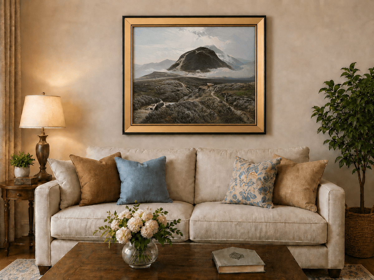 Landscape Oil Painting - Heather-covered moor & herder, cattle