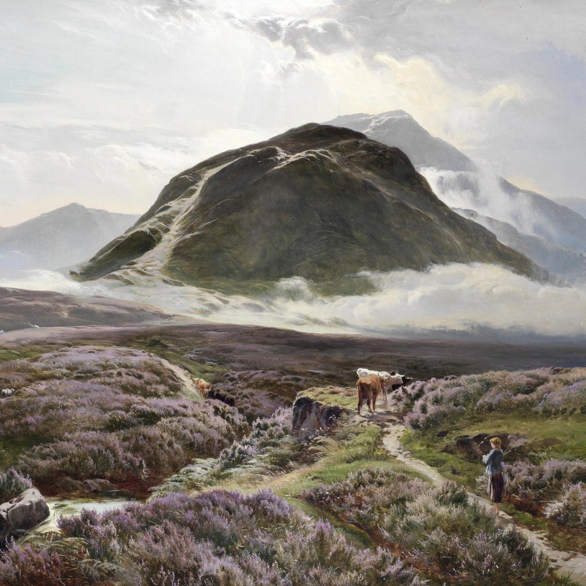 Landscape Oil Painting - Heather - covered moor & herder, cattle - Oil Painting Haven