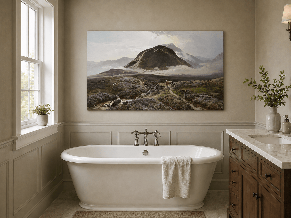 Landscape Oil Painting - Heather-covered moor & herder, cattle
