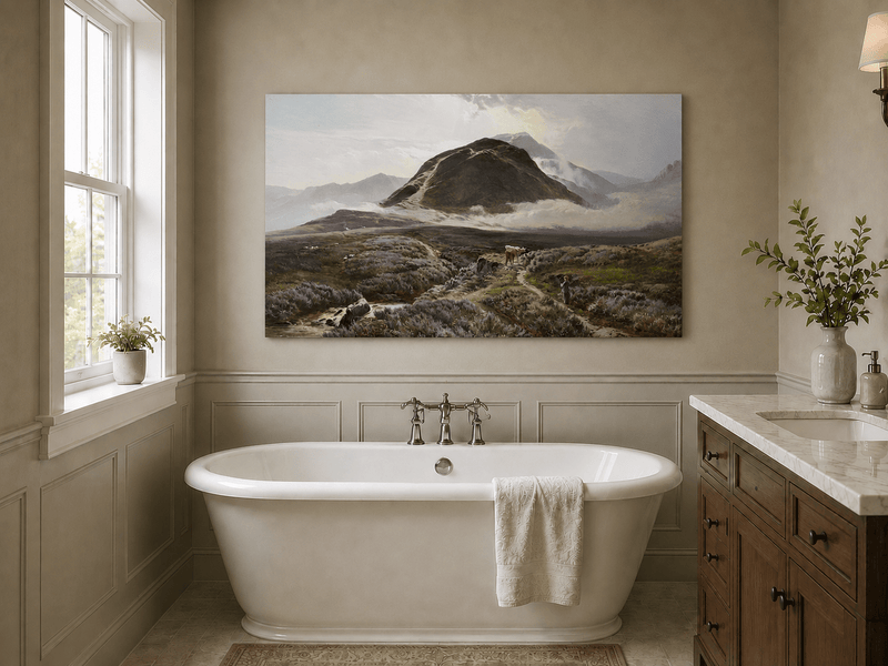 Landscape Oil Painting - Heather-covered moor & herder, cattle