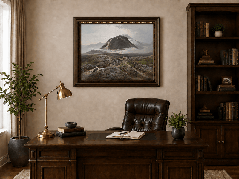 Landscape Oil Painting - Heather-covered moor & herder, cattle