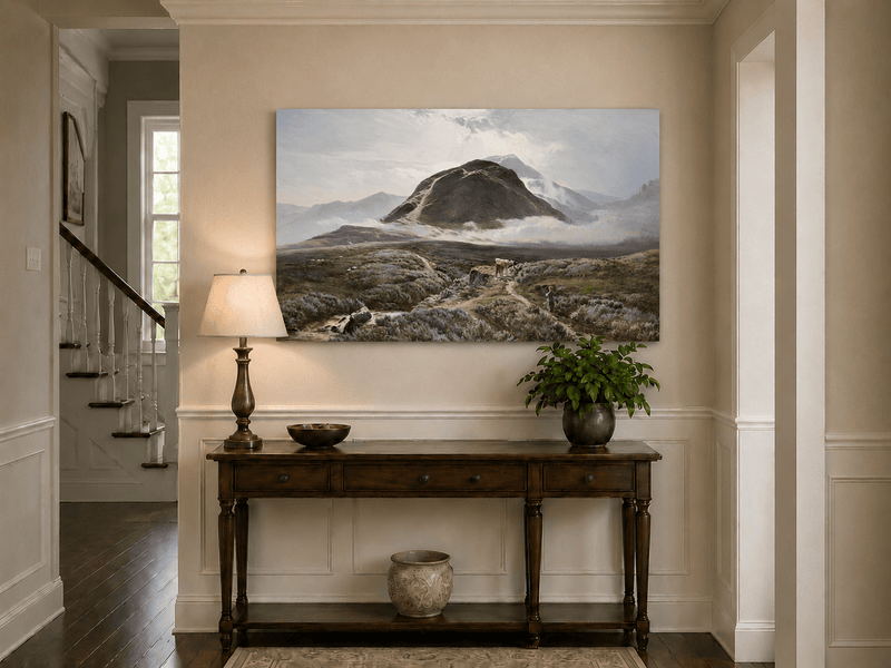 Landscape Oil Painting - Heather-covered moor & herder, cattle