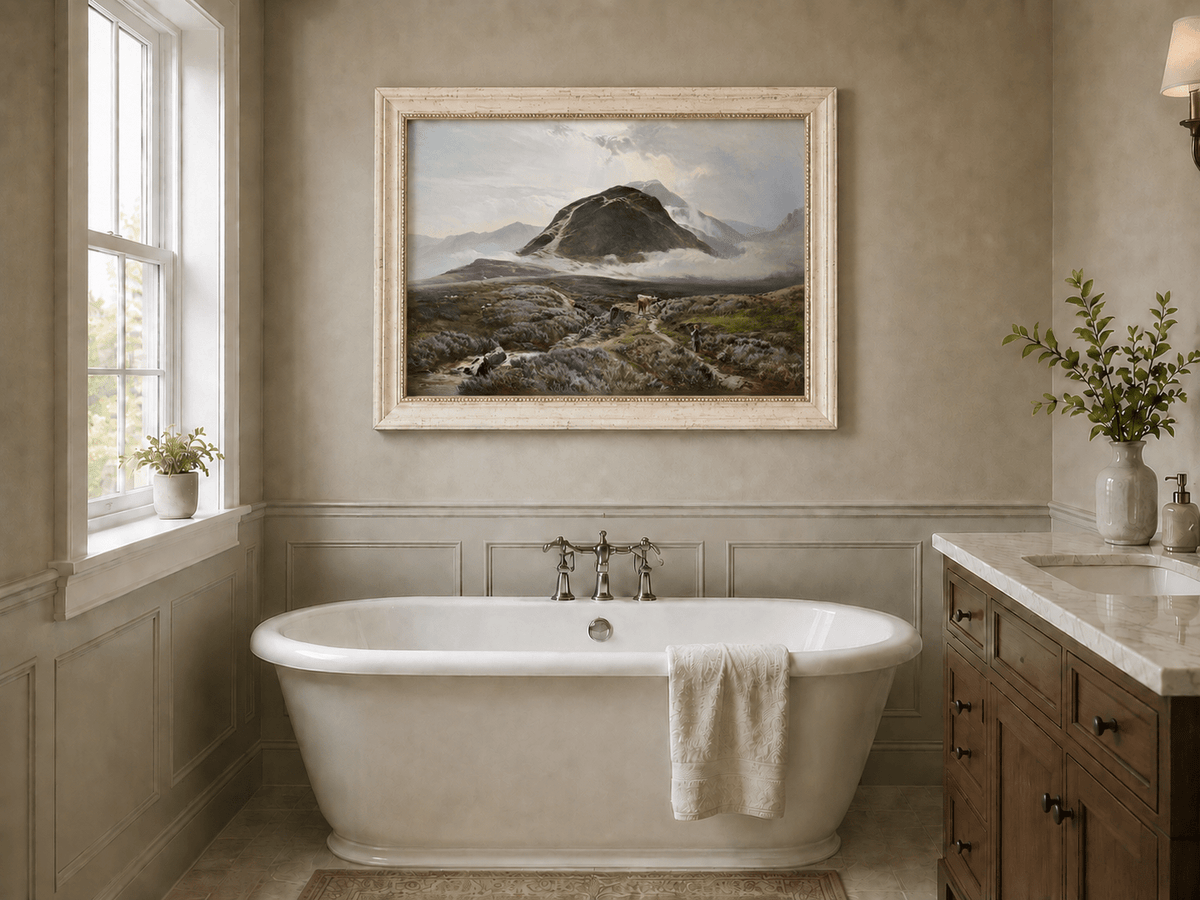 Landscape Oil Painting - Heather-covered moor & herder, cattle