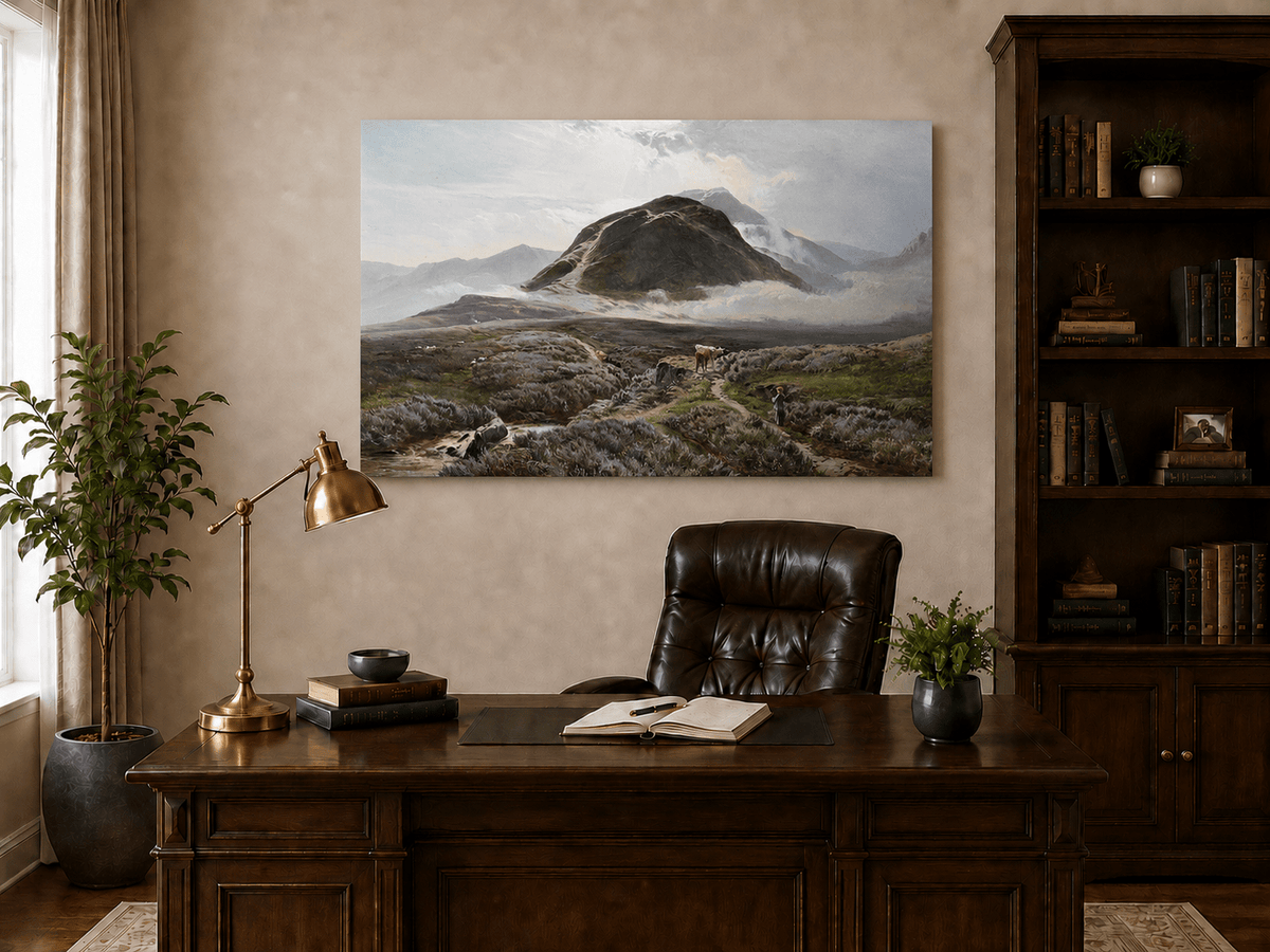 Landscape Oil Painting - Heather-covered moor & herder, cattle