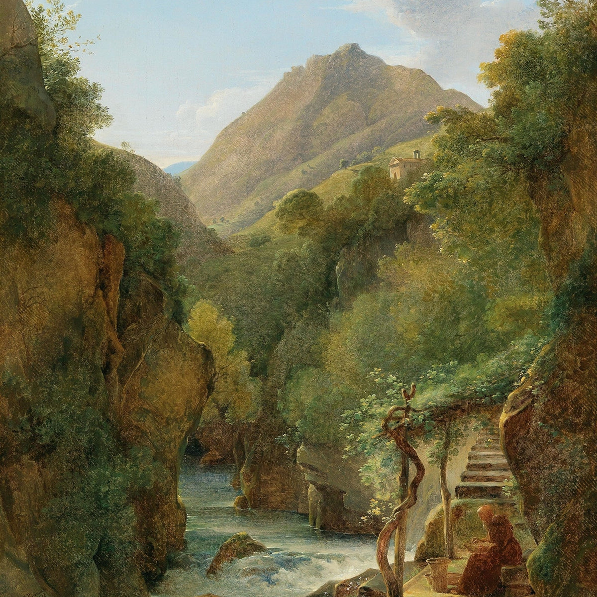 Landscape Oil Painting - Hermit by Mountain Stream and Cliff View - Oil Painting Haven