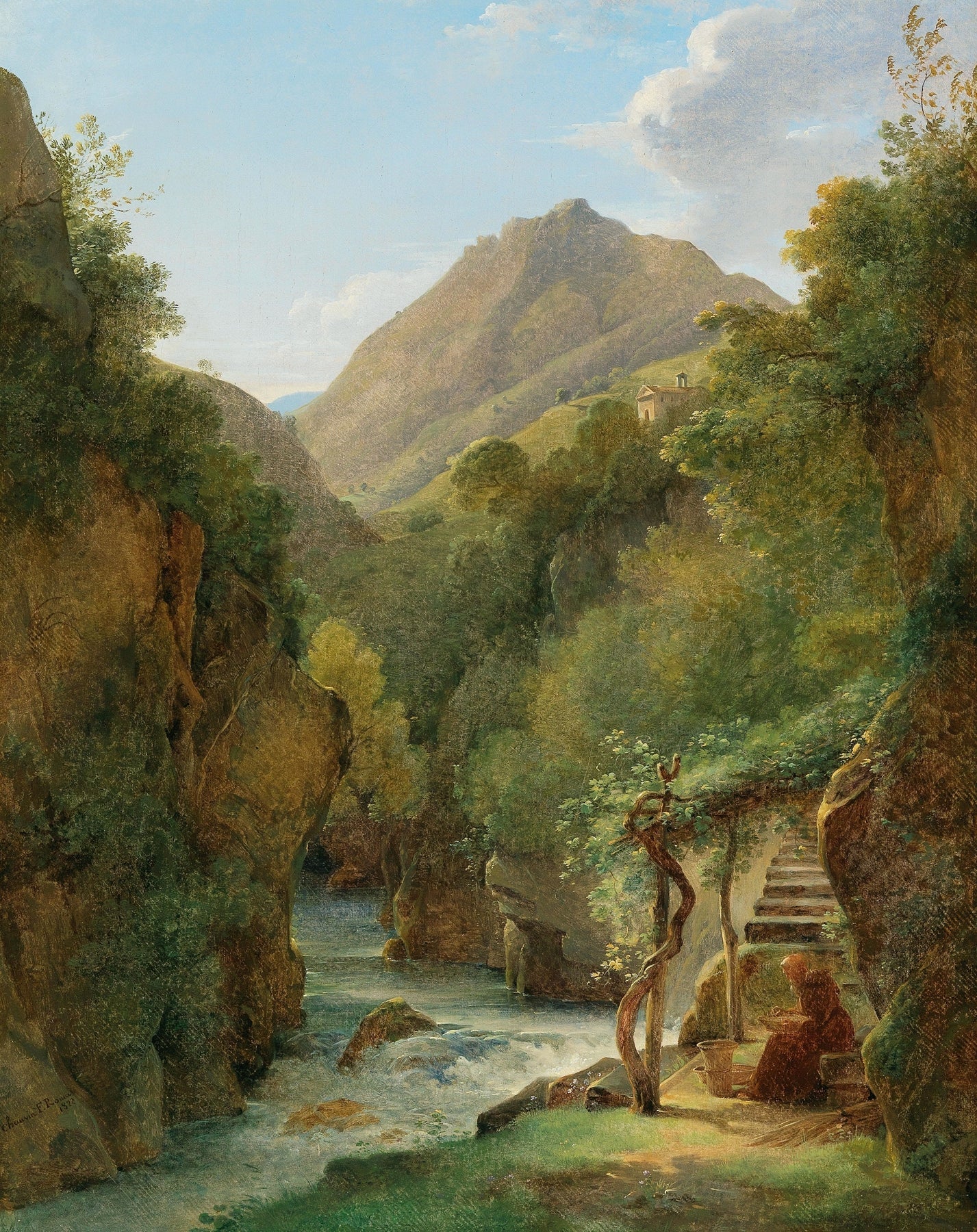 Landscape Oil Painting - Hermit by Mountain Stream and Cliff View - Oil Painting Haven