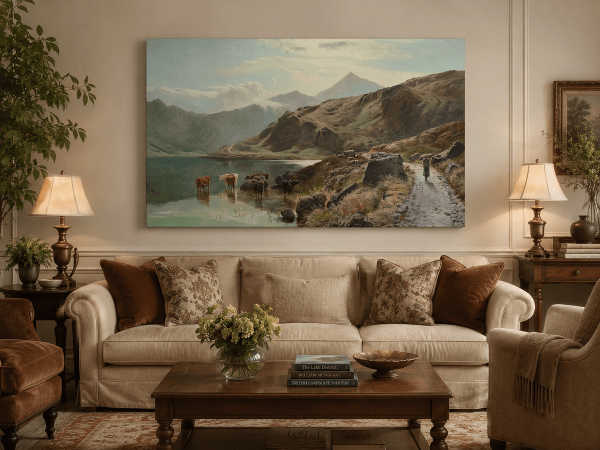 Landschaftsgemälde in Öl – Winterliche Flusslandschaft mit Figuren und Pferden
