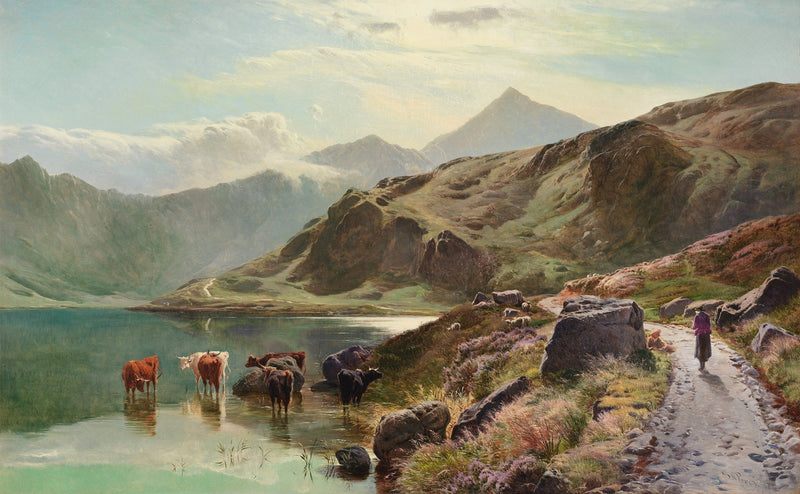 Hand-painted highland lake, cattle and mountain path landscape oil painting on canvas