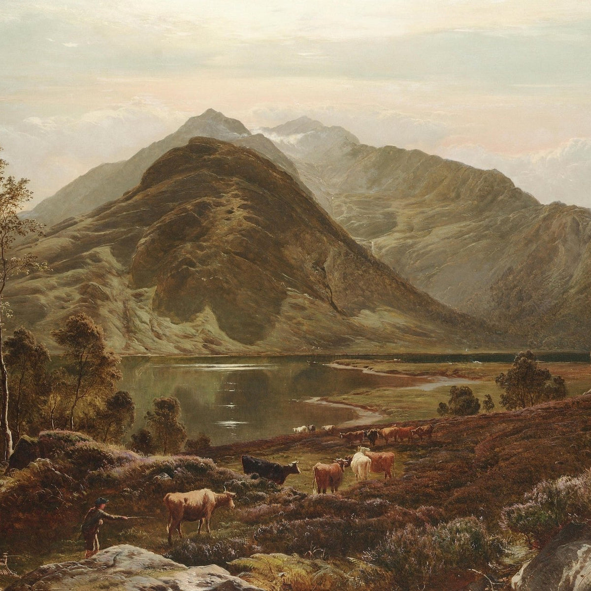 Hand-painted highland lake with cattle and peaks landscape oil painting on canvas