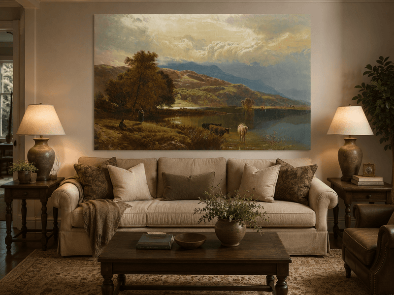 Peinture à l'huile de paysage - Scène de rivière hivernale avec personnages et chevaux