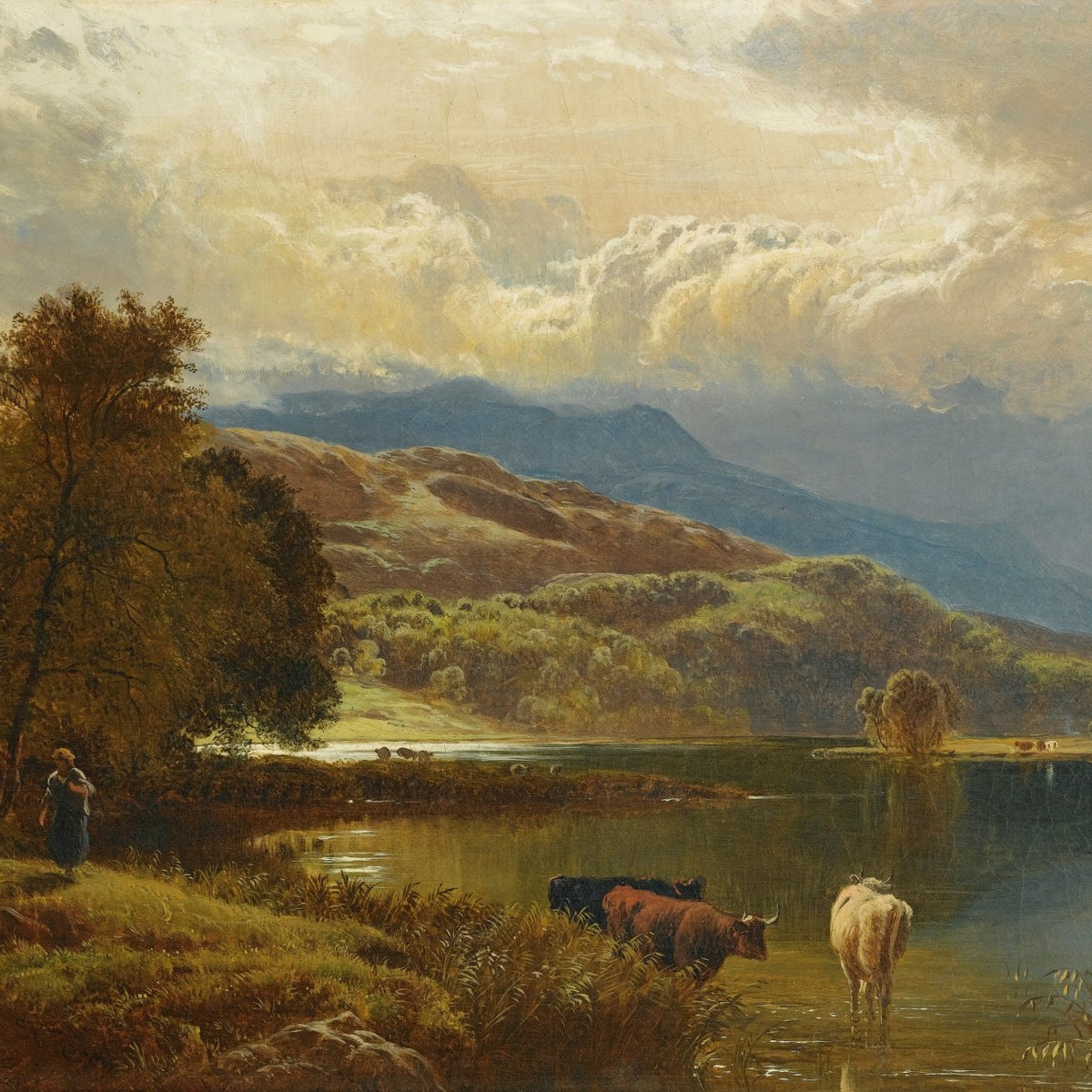 Hand-painted highland lake with cattle at dusk landscape oil painting on canvas