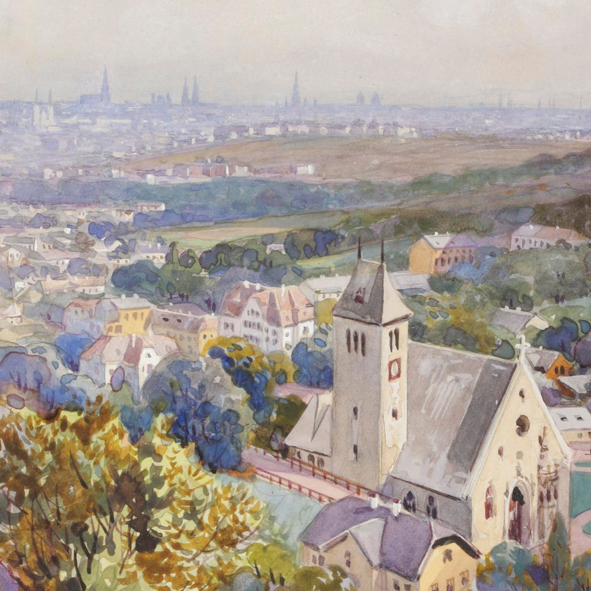Hand-painted hillside church and city panorama view landscape oil painting on canvas