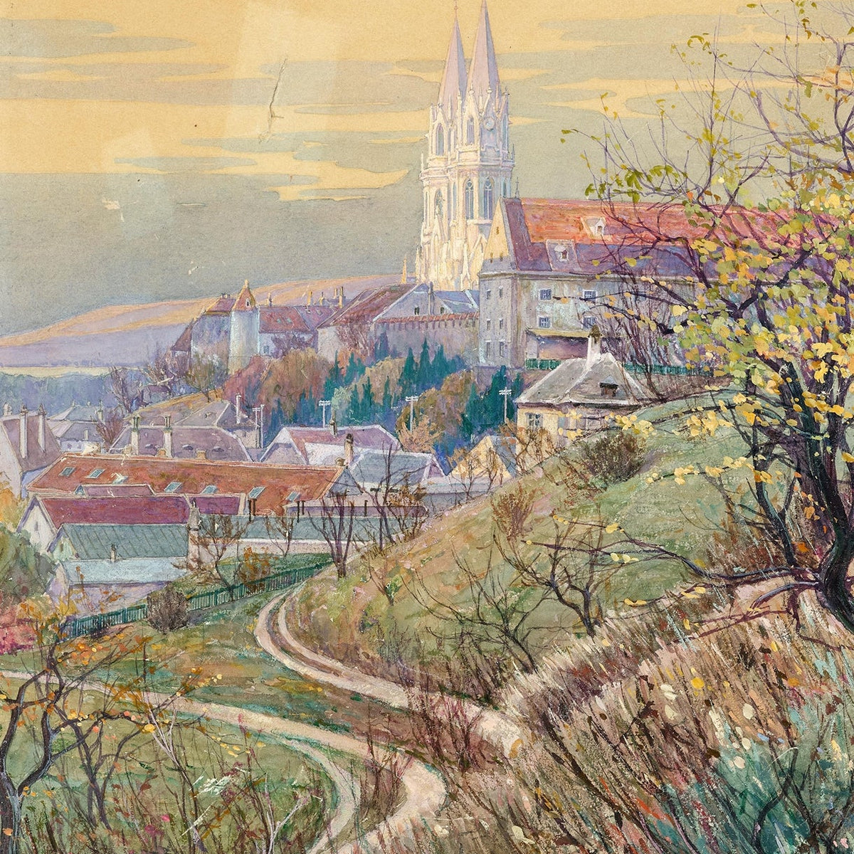 Hand-painted hillside church and village path landscape oil painting on canvas