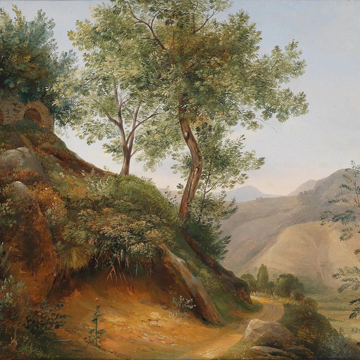 Landscape Oil Painting - Hillside Path with Trees & Distant Mountains - Oil Painting Haven