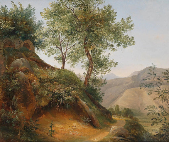 Landscape Oil Painting - Hillside Path with Trees & Distant Mountains - Oil Painting Haven