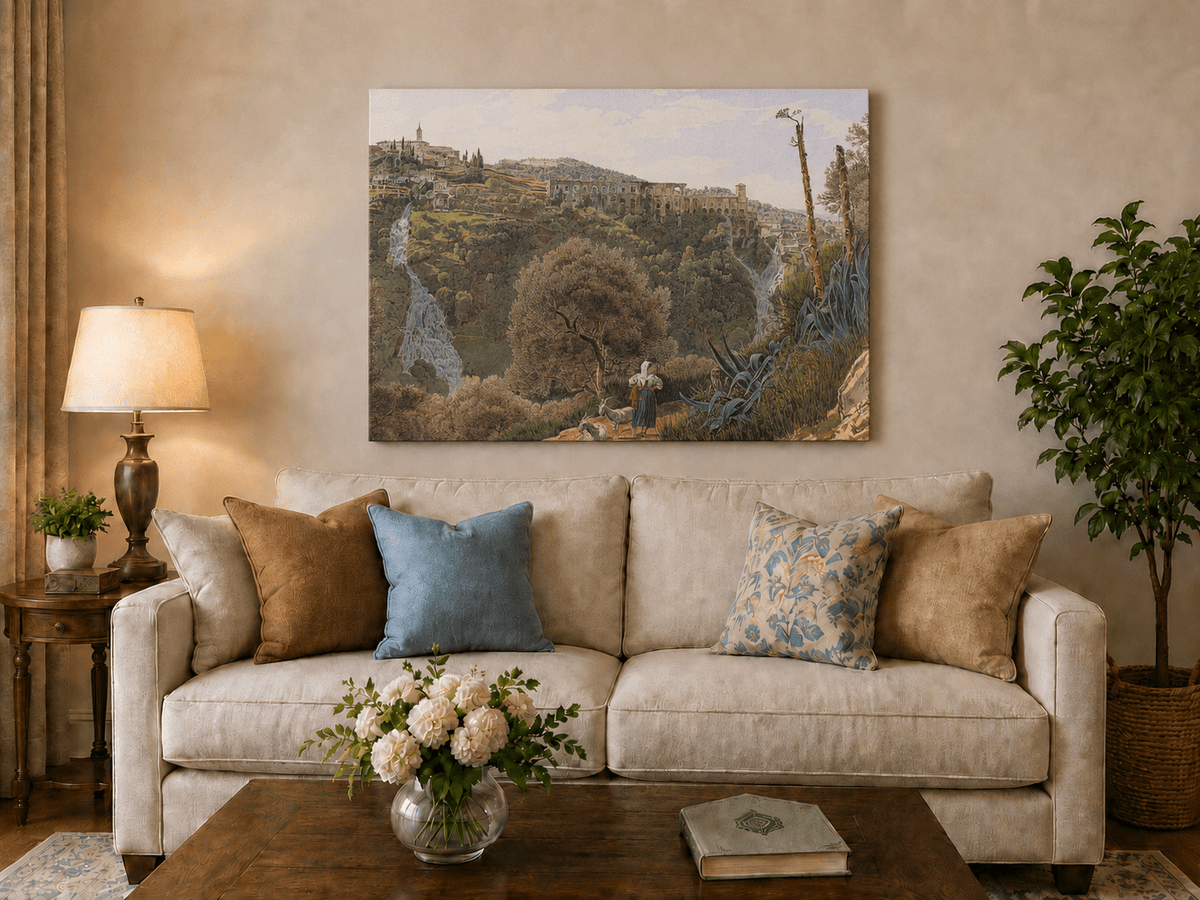 Peinture à l'huile de paysage - Gouffre rocheux spectaculaire avec personnages
