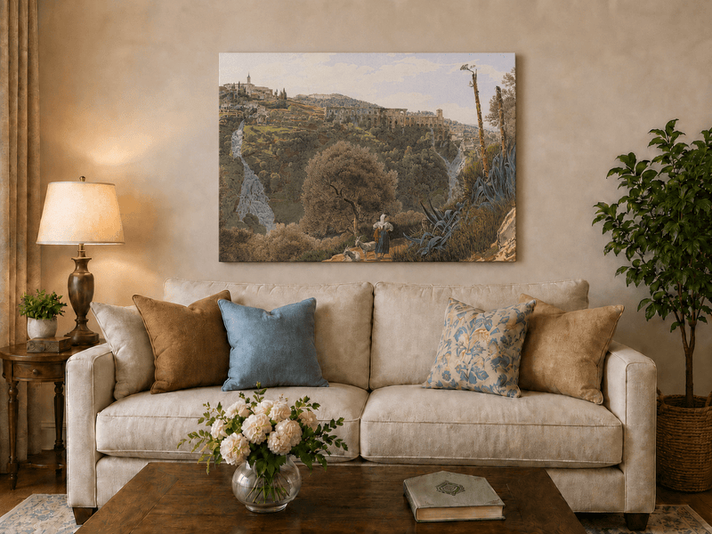 Peinture à l'huile de paysage - Gouffre rocheux spectaculaire avec personnages