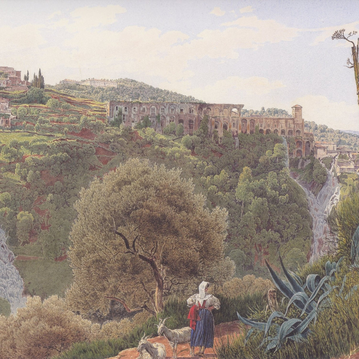 Hand-painted hillside ruins and waterfall valley view landscape oil painting on canvas