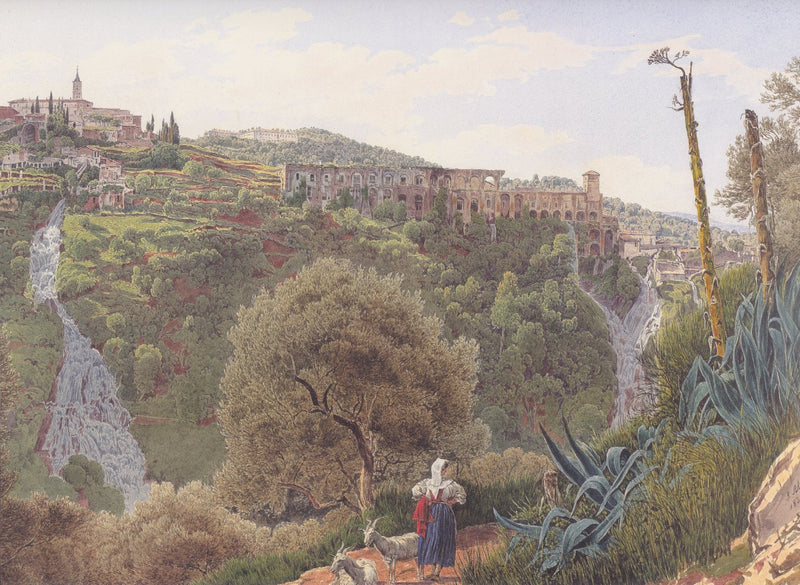 Hand-painted hillside ruins and waterfall valley view landscape oil painting on canvas