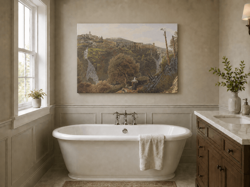 Peinture à l'huile de paysage - Gouffre rocheux spectaculaire avec personnages