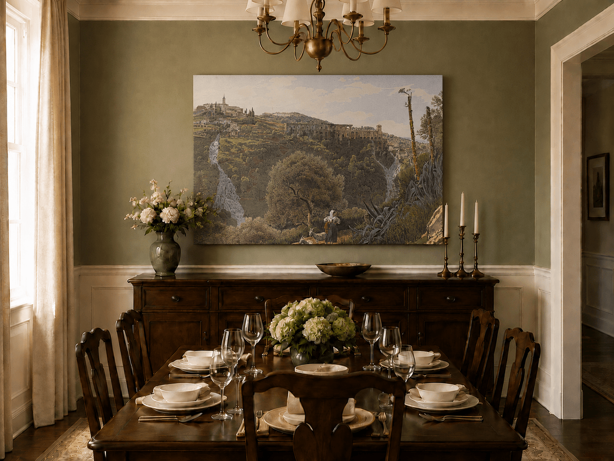 Peinture à l'huile de paysage - Gouffre rocheux spectaculaire avec personnages
