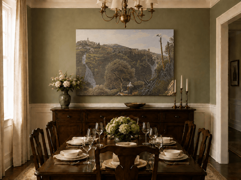 Peinture à l'huile de paysage - Gouffre rocheux spectaculaire avec personnages