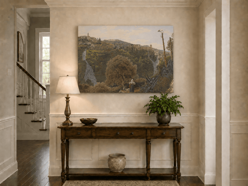 Peinture à l'huile de paysage - Gouffre rocheux spectaculaire avec personnages