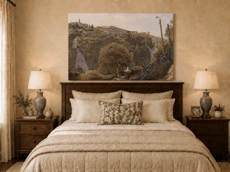 Peinture à l'huile de paysage - Gouffre rocheux spectaculaire avec personnages