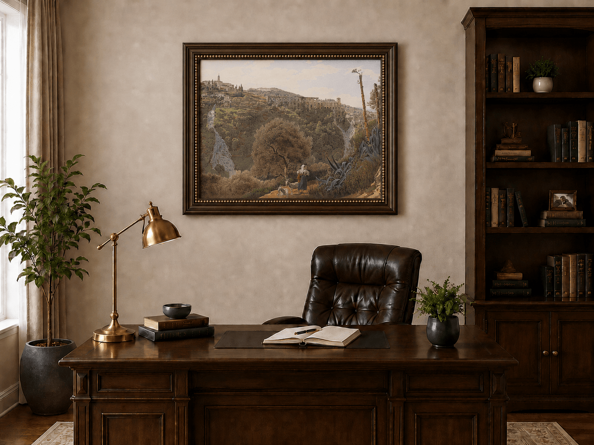 Peinture à l'huile de paysage - Gouffre rocheux spectaculaire avec personnages