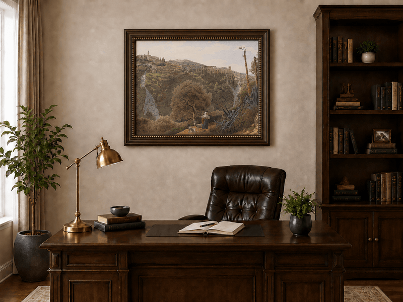 Peinture à l'huile de paysage - Gouffre rocheux spectaculaire avec personnages