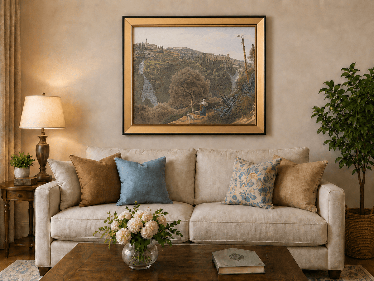 Peinture à l'huile de paysage - Gouffre rocheux spectaculaire avec personnages