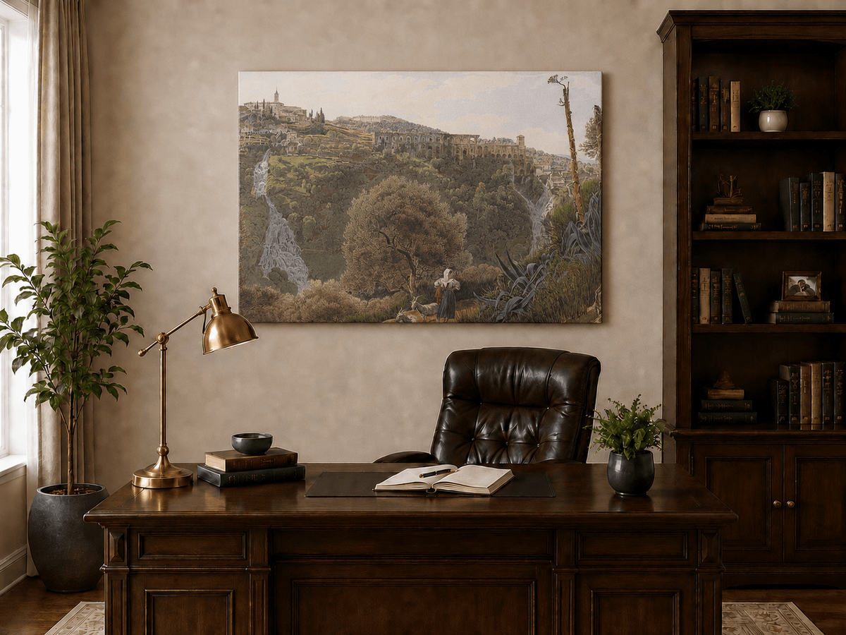 Peinture à l'huile de paysage - Gouffre rocheux spectaculaire avec personnages