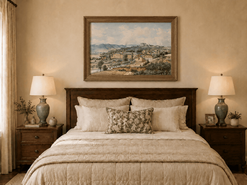 Landscape Oil Painting - Hillside Village with Manor View