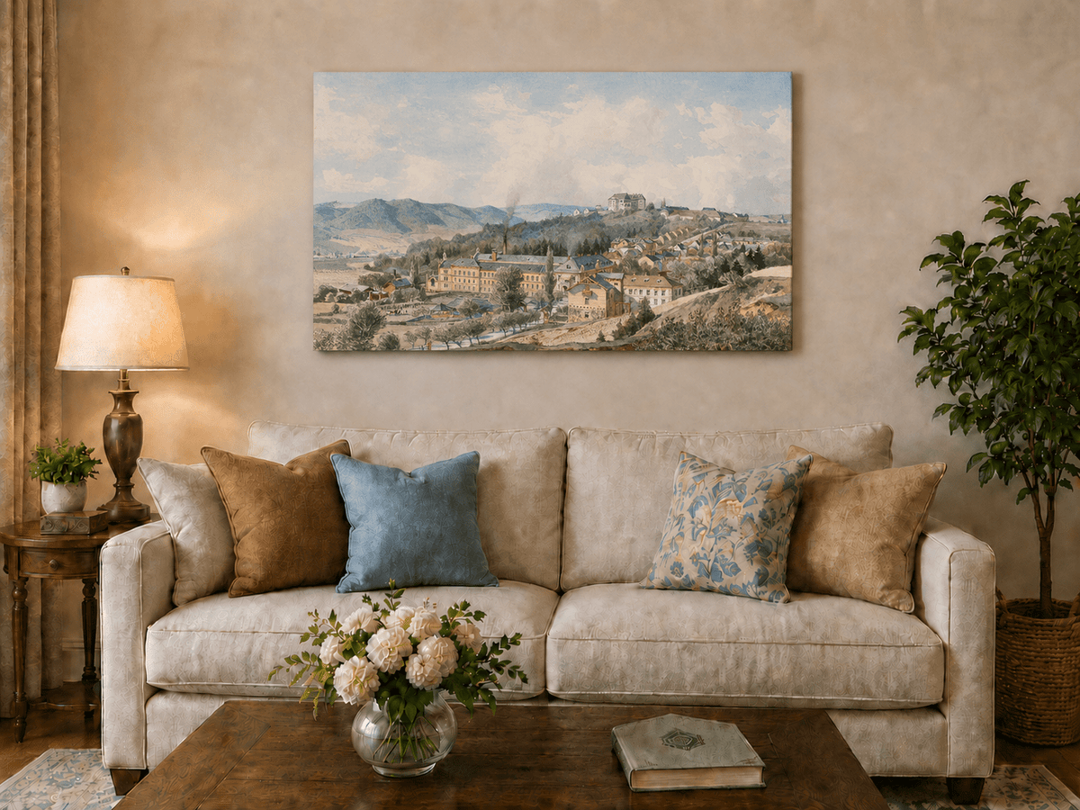 Landscape Oil Painting - Hillside Village with Manor View