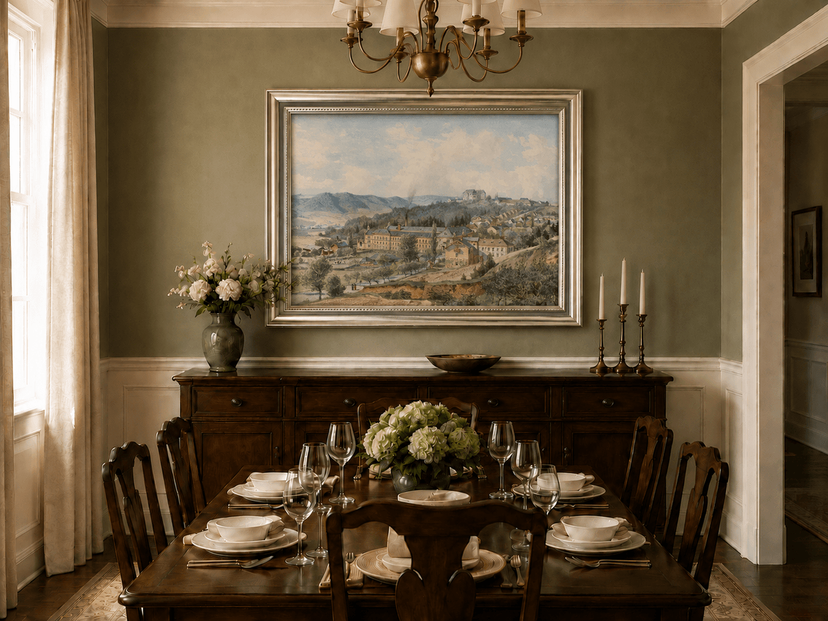 Landscape Oil Painting - Hillside Village with Manor View