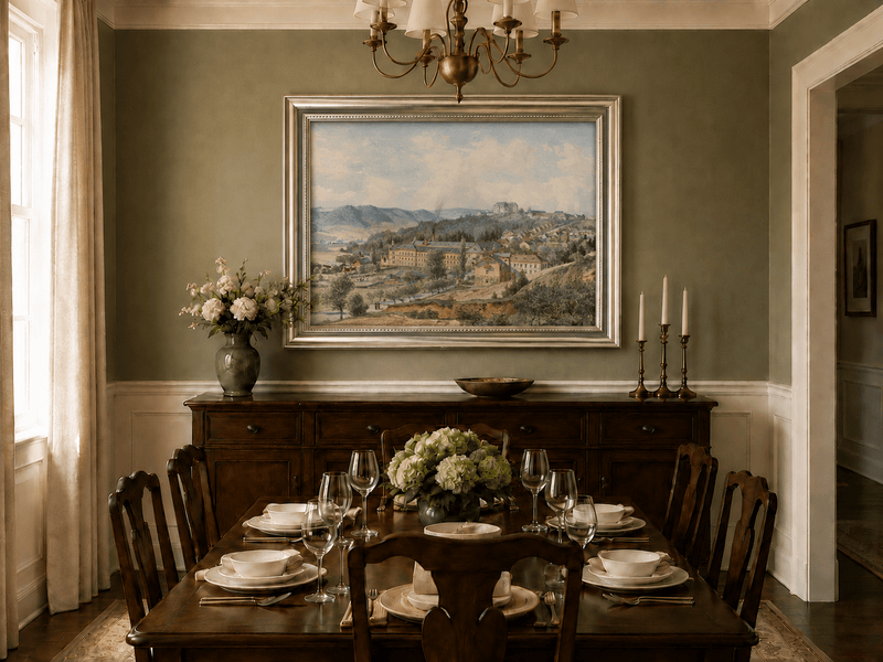 Landscape Oil Painting - Hillside Village with Manor View