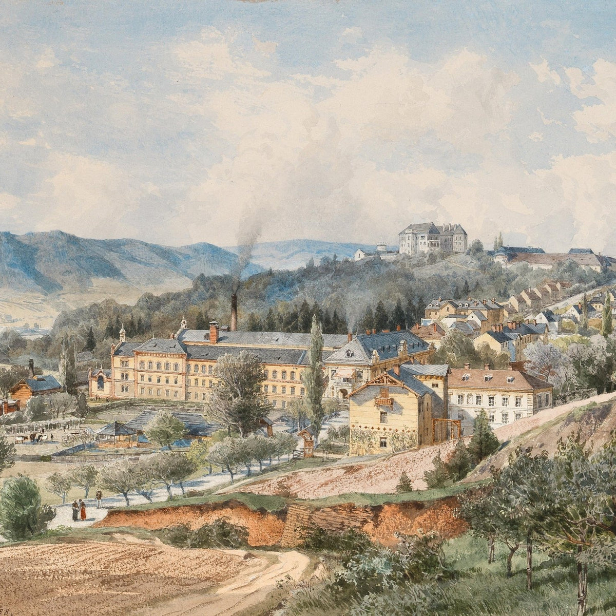 Landscape Oil Painting - Hillside Village with Manor View - Oil Painting Haven
