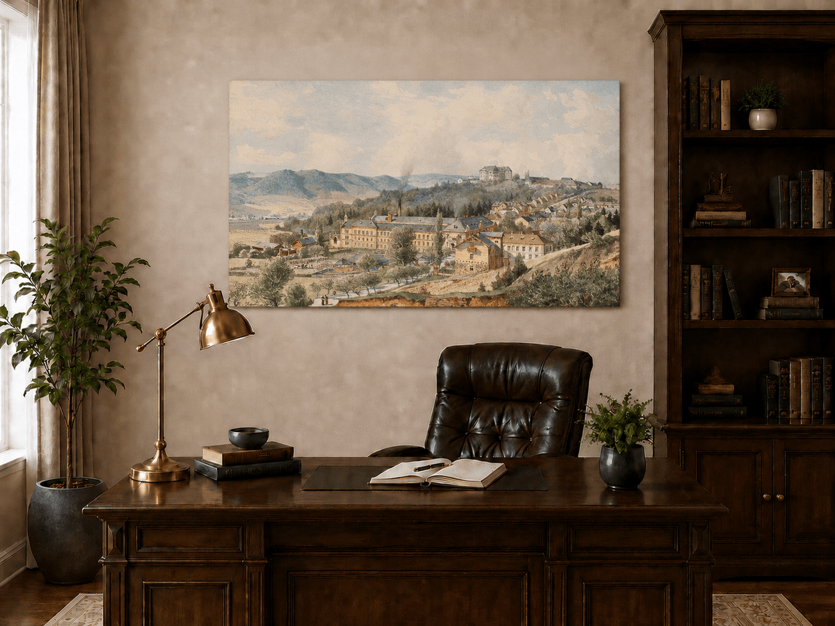 Landscape Oil Painting - Hillside Village with Manor View