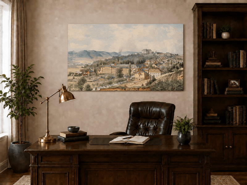 Landscape Oil Painting - Hillside Village with Manor View