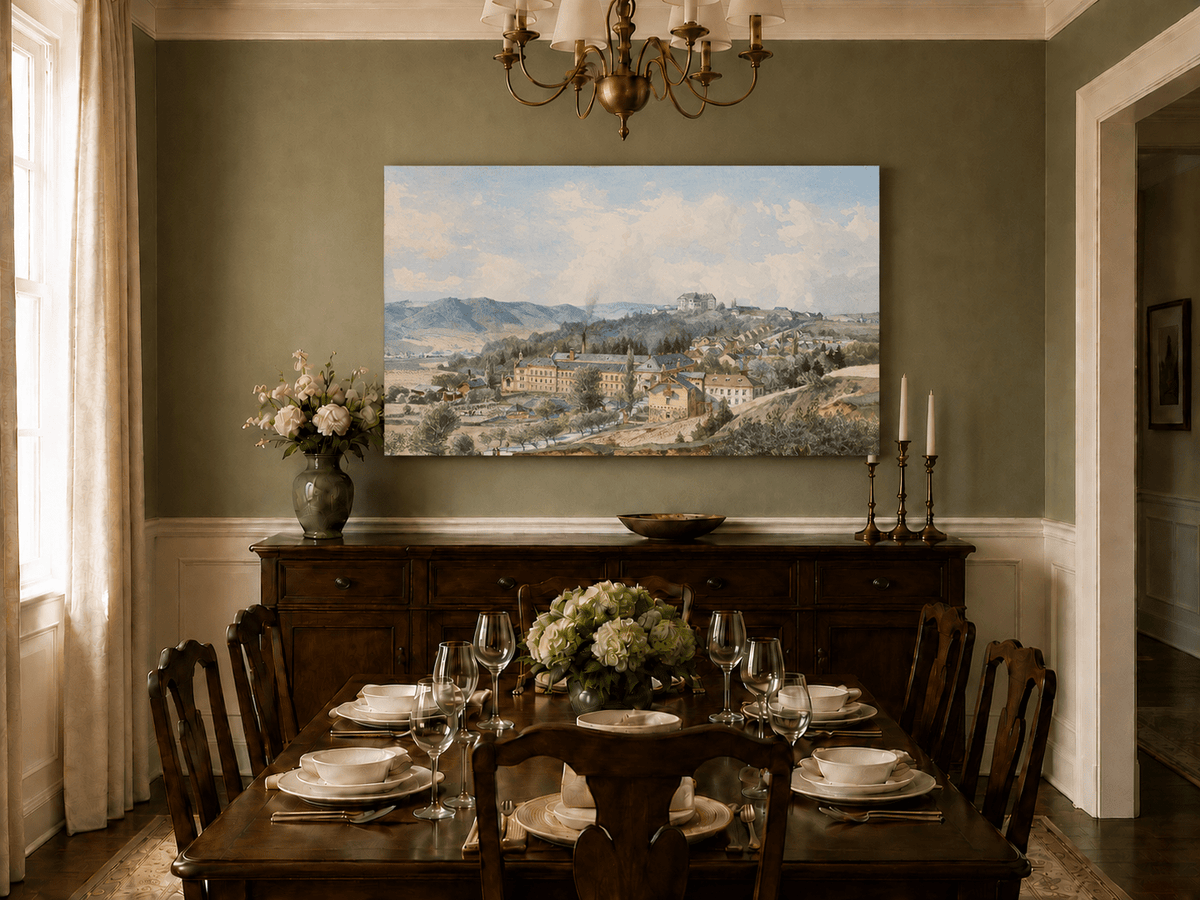 Landscape Oil Painting - Hillside Village with Manor View