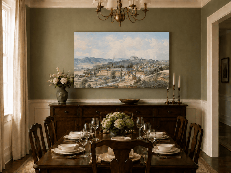 Landscape Oil Painting - Hillside Village with Manor View
