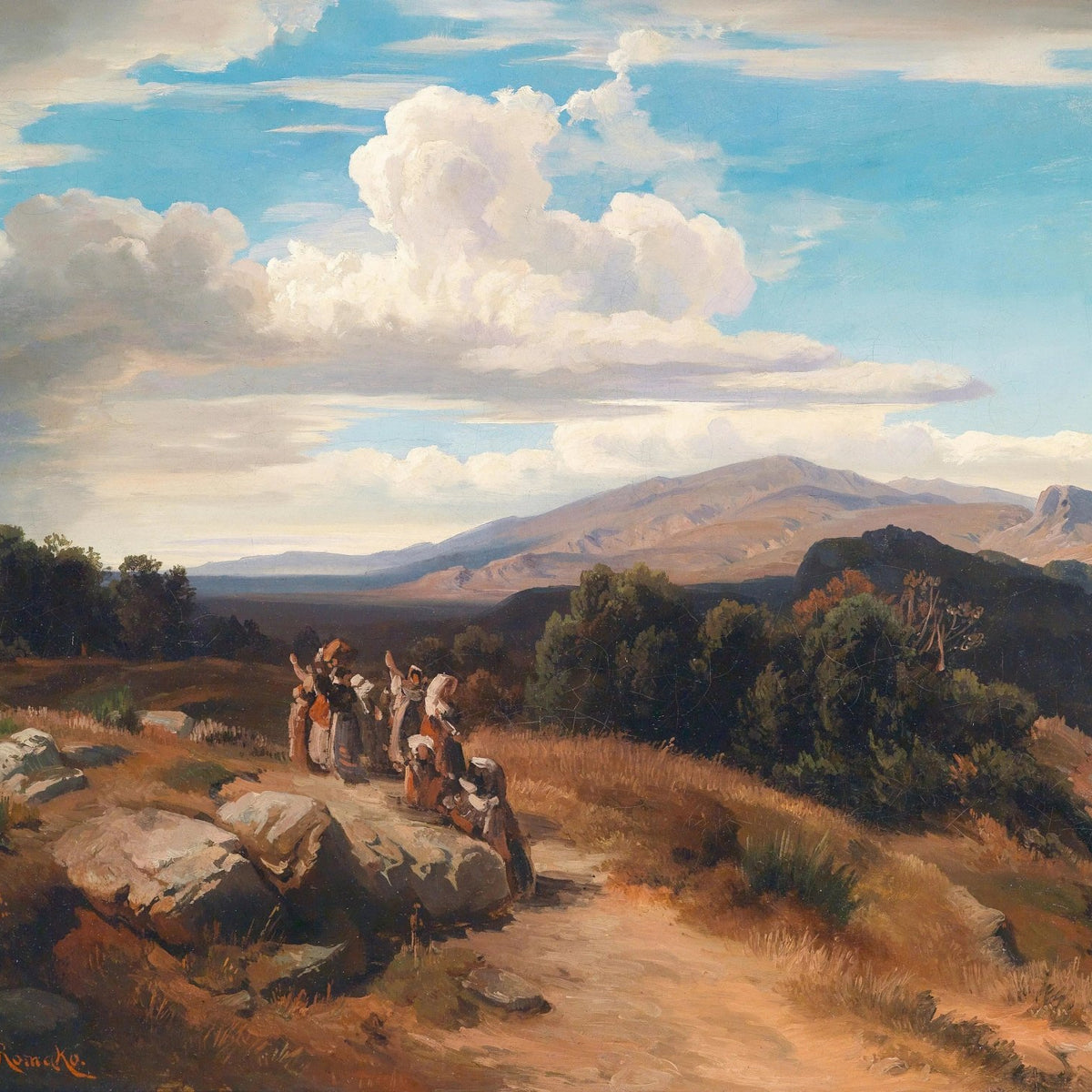 Landscape Oil Painting - Hillside with Figures, Rocks & Mountains - Oil Painting Haven