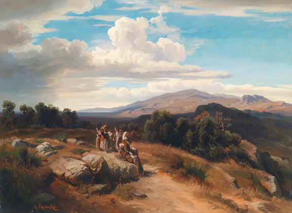 Landscape Oil Painting - Hillside with Figures, Rocks & Mountains - Oil Painting Haven