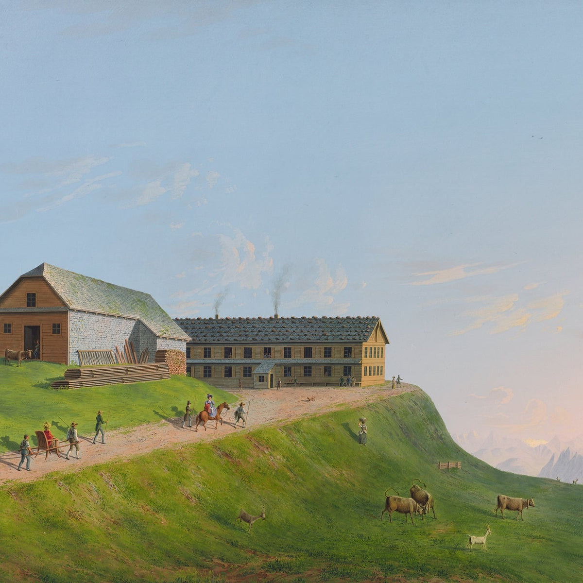 Landscape Oil Painting - Hilltop Alpine Lodge and Mountain Pasture - Oil Painting Haven