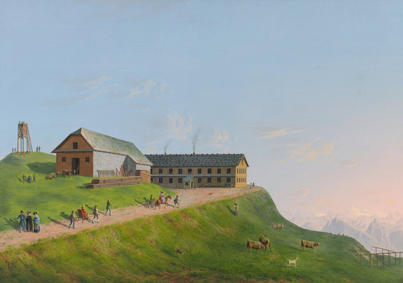 Landscape Oil Painting - Hilltop Alpine Lodge and Mountain Pasture - Oil Painting Haven