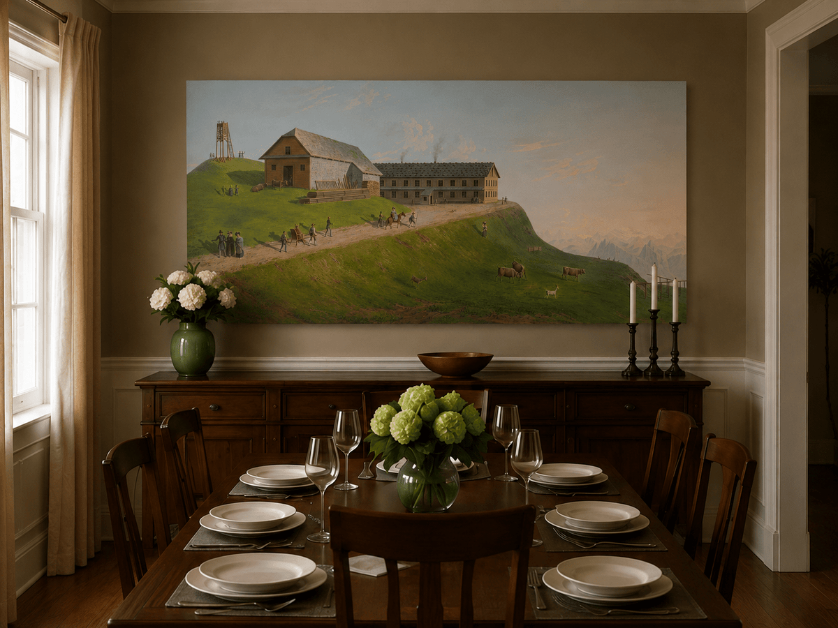 Landscape Oil Painting - Hilltop Alpine Lodge & Mountain Pasture